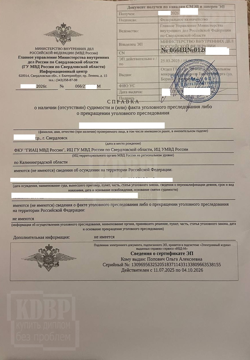 Справка о несудимости из МФЦ г. Екатеринбурга Свердловской области (2026 г.)